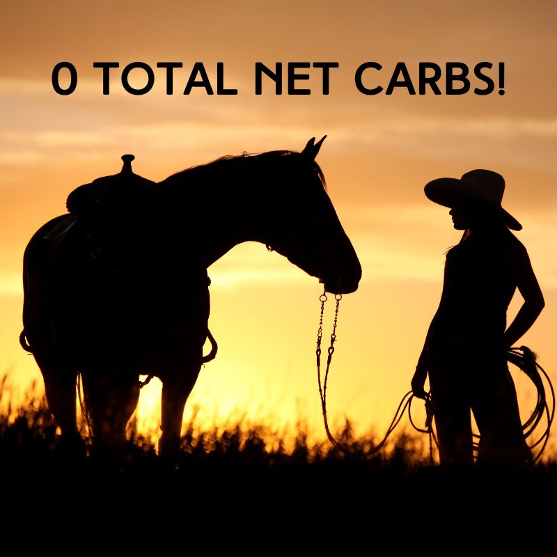 Silhouette of a cowgirl and horse at sunset promoting sugar-free, dye-free syrup with 0 net carbs, ideal for low-carb and keto diets.