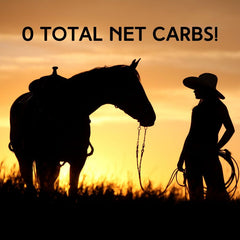 Silhouette of a cowgirl and horse at sunset promoting sugar-free, dye-free syrup with 0 net carbs, ideal for low-carb and keto diets.