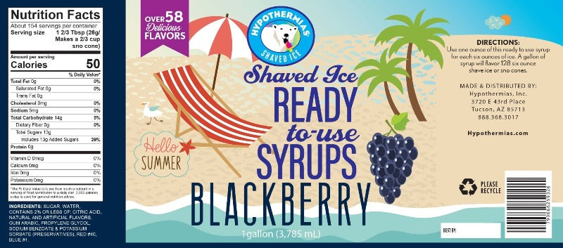 Hypothermias nutritional facts for 100% pure cane sugar blackberry shaved ice syrup.