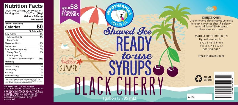 Hypothermias nutritional facts for black cherry snow cone or shaved ice syrup.
