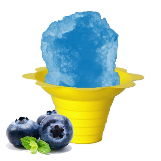 Hypothermias blueberry shaved ice in small yellow flower cup.