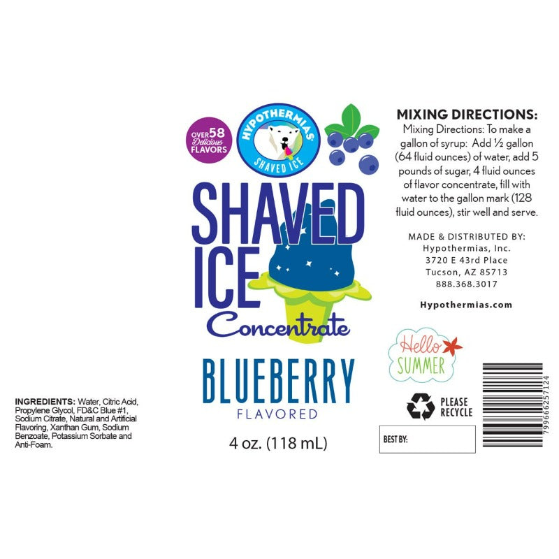 Hypothermias blueberry shaved ice or snow cone syrup concentrate ingredient list.