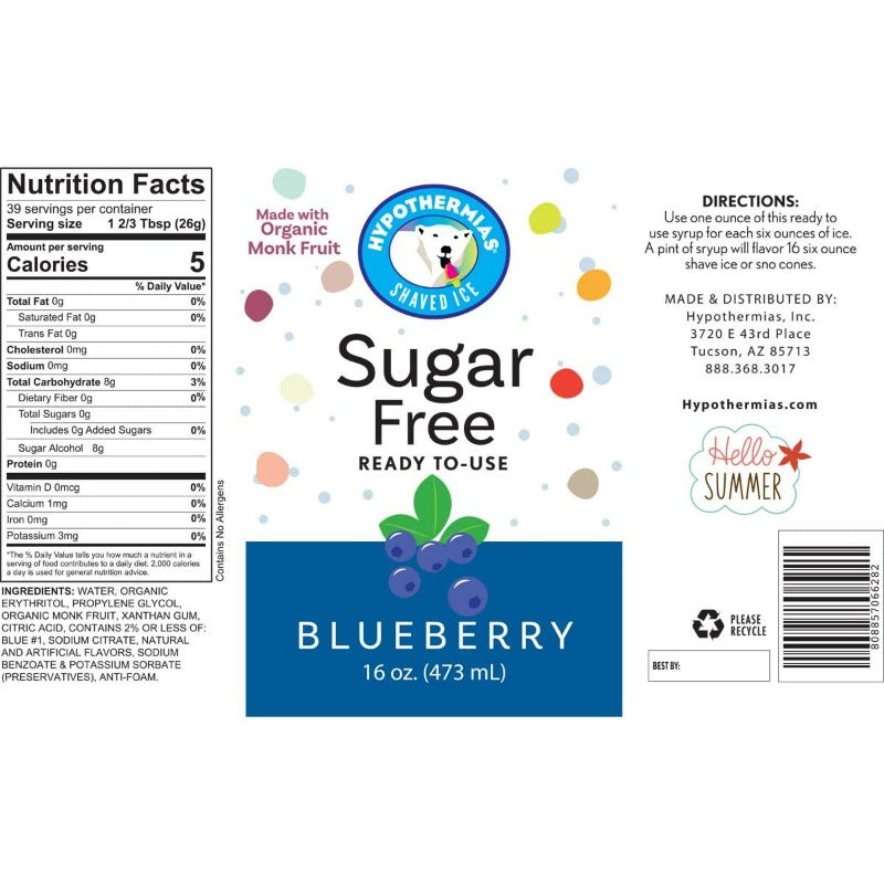 Hypothermias blueberry monk fruit sweetened sugar free snow cone or shaved ice syrup nutritional label.