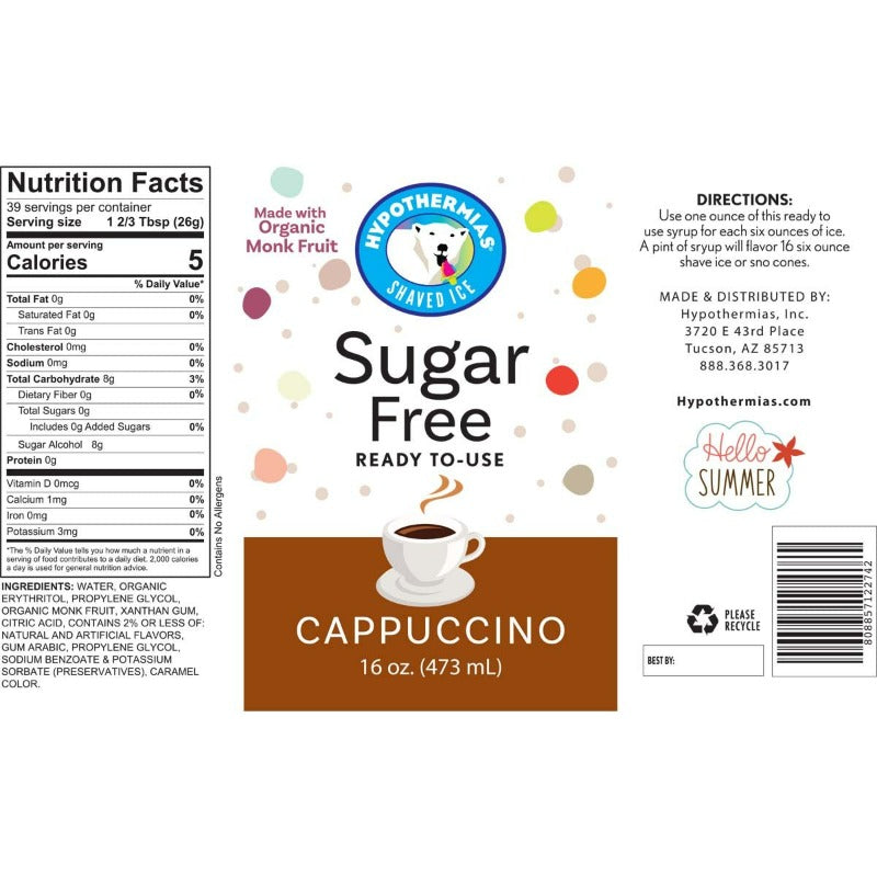 Hypothermias cappuccino monk fruit sweetened snow cone or shaved ice syrup nutritional label.
