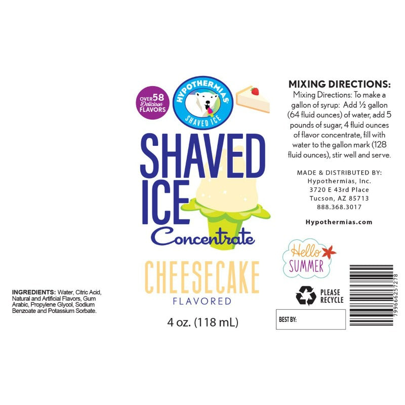 Hypothermias cheesecake shaved ice or snow cone flavor syrup concentrate ingredients.