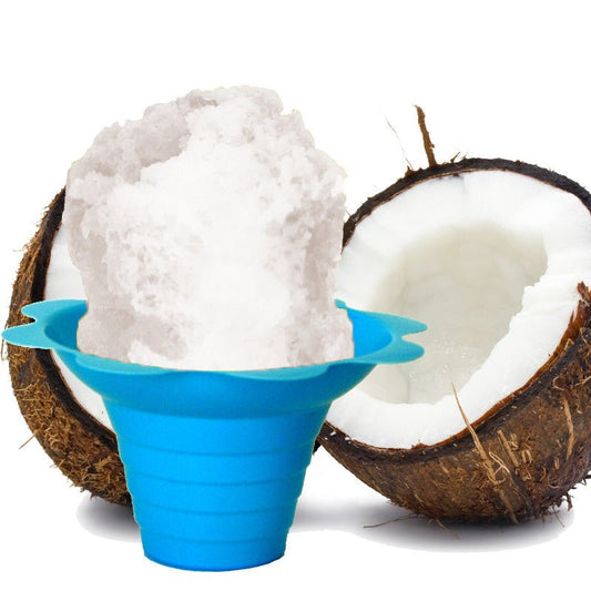 Hypothermias coconut shaved ice in small blue flower cup.