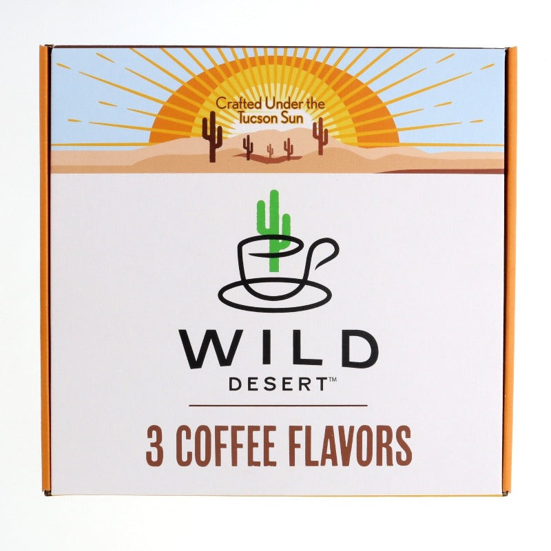 Wild Desert coffee syrup gift set box showing Tucson sun logo.