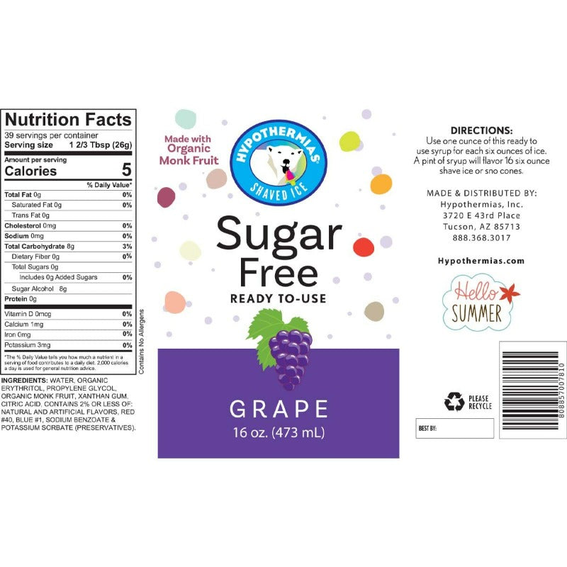 Hypothermias grape monk fruit sweetened sugar free snow cone or shaved ice syrup nutritional label.