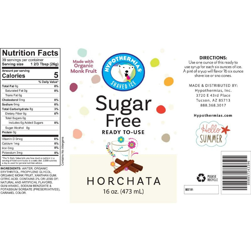 Hypotherimas horchata monk fruit sweetened keto snow cone or shaved ice syrup nutritional label.