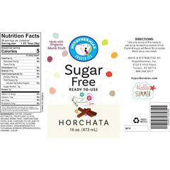 Hypotherimas horchata monk fruit sweetened keto snow cone or shaved ice syrup nutritional label.
