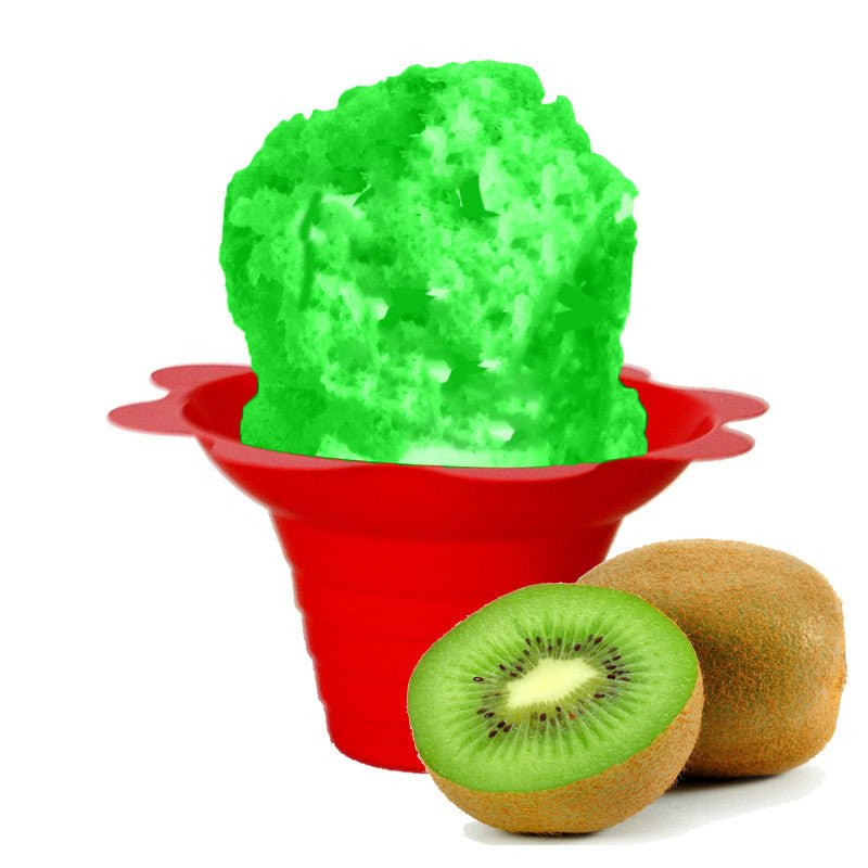 Hypothermias kiwi shaved ice in small red flower cup.