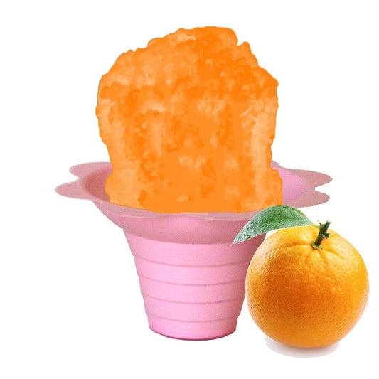Hypothermias orange shaved ice in small pink flower cup.