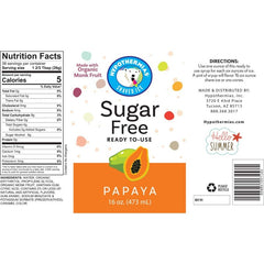 Hypothermias papaya monk fruit sweetened snow cone or shaved ice syrup nutritional label.