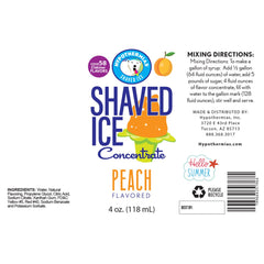 Hypothermias peach shaved ice or snow cone flavor syrup concentrate ingredient label.