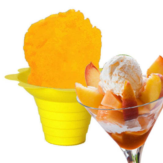 Hypothermias peaches and cream shaved ice in small yellow flower cup.
