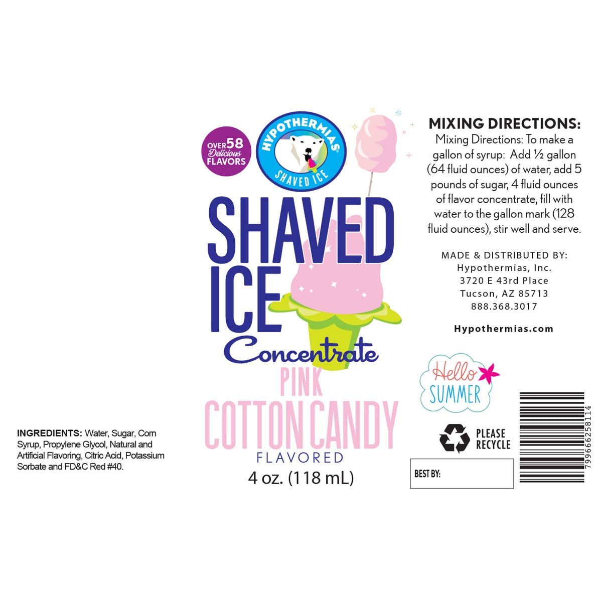 Hypothermias pink lemon sour shaved ice or snow cone flavor syrup concentrate ingredient label