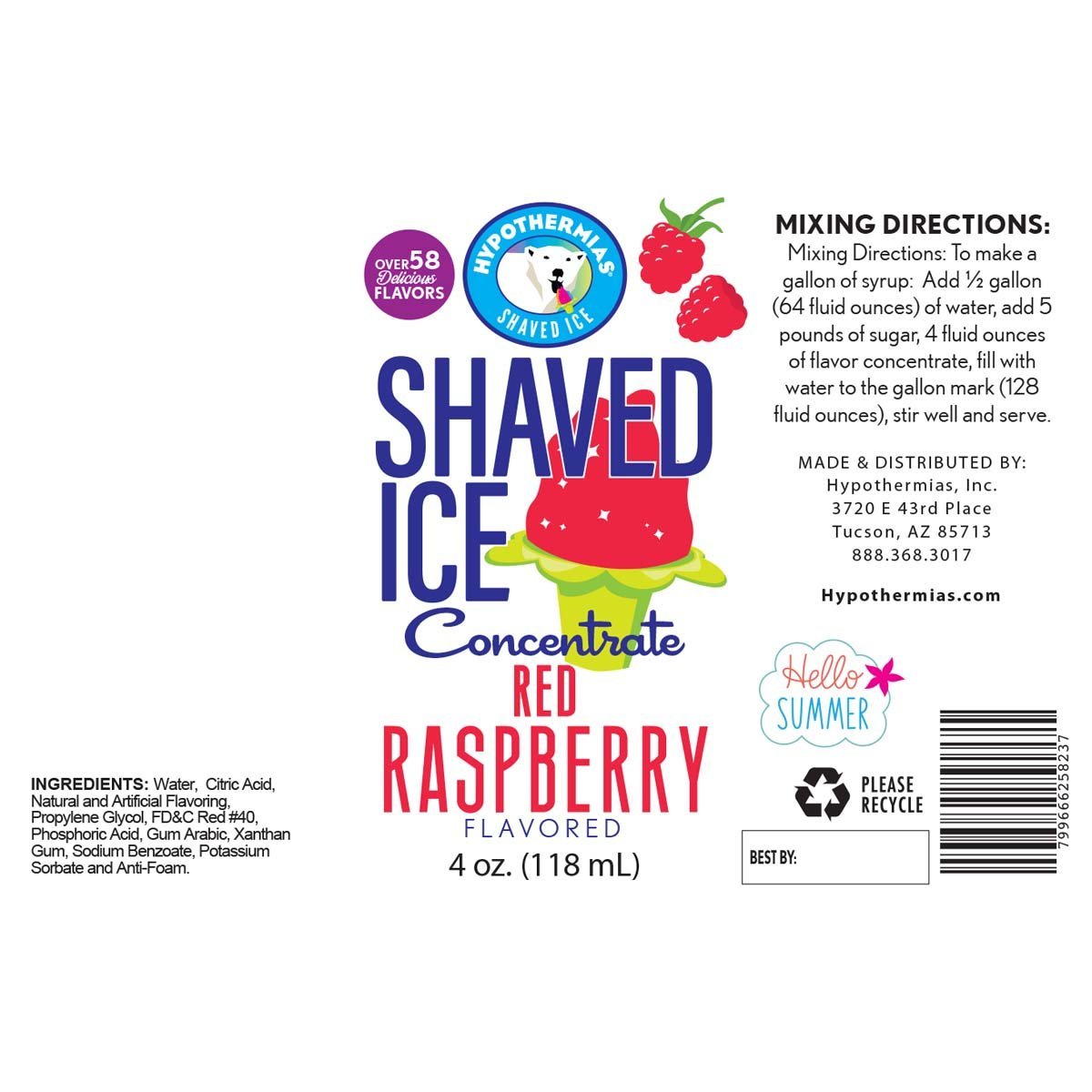Hypothermias red raspberry shaved ice or snow cone flavor syrup concentrate ingredient label.