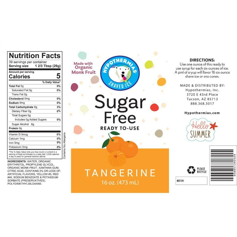 Hypothermias tangerine monk fruit sweetened snow cone or shaved ice syrup nutritional label.