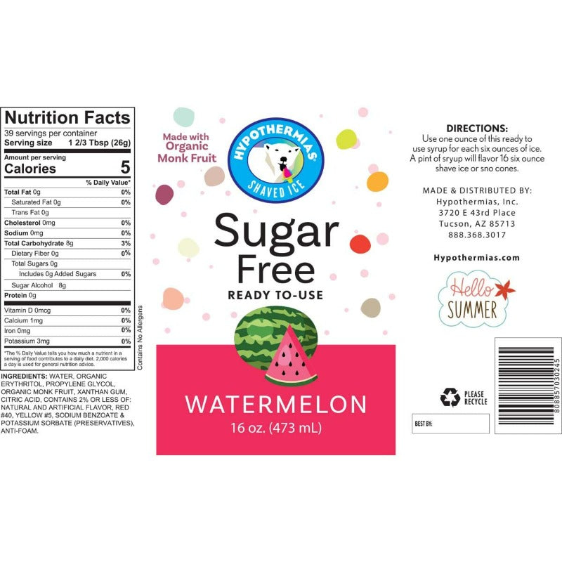 Hypothermias watermelon monk fruit sweetened snow cone or shaved ice syrup nutritonal label.