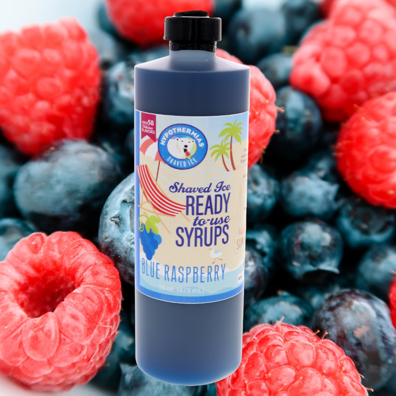 Hypothermias 100 percent pure cane sugar snow cone syrup with background of raspberries..