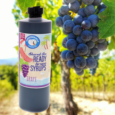 Hypothermias 100 percent pure case sugar snow cone syrup with background in grape orchard.
