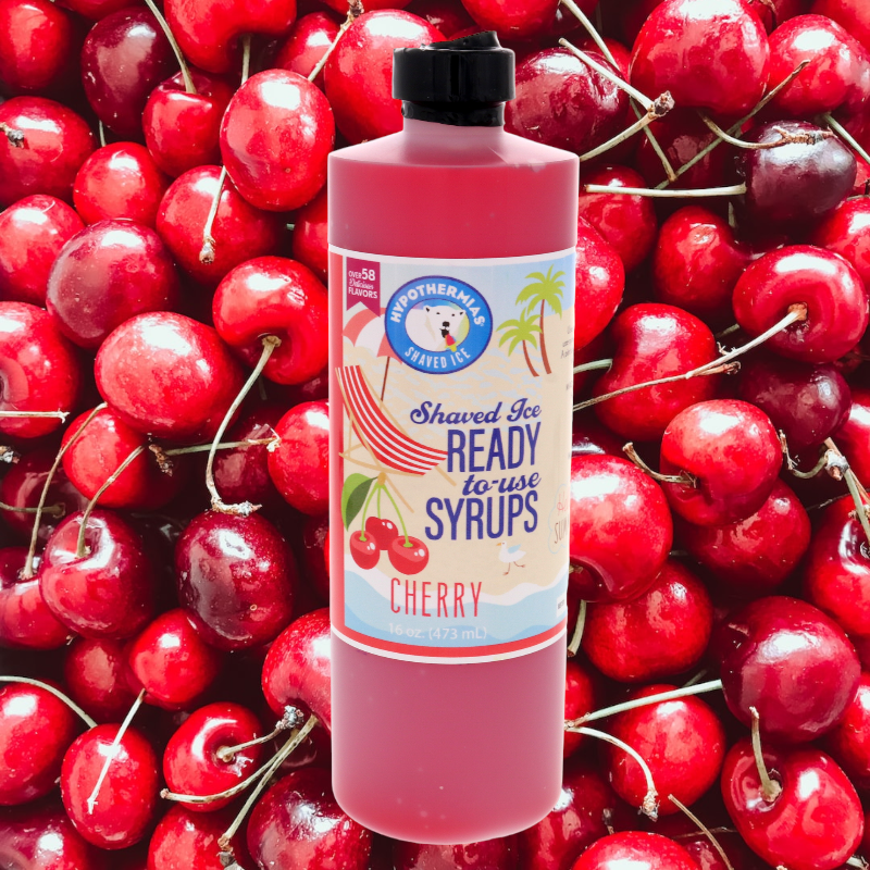 Hypothermias ready to use snow cone syrup with background of cherries.