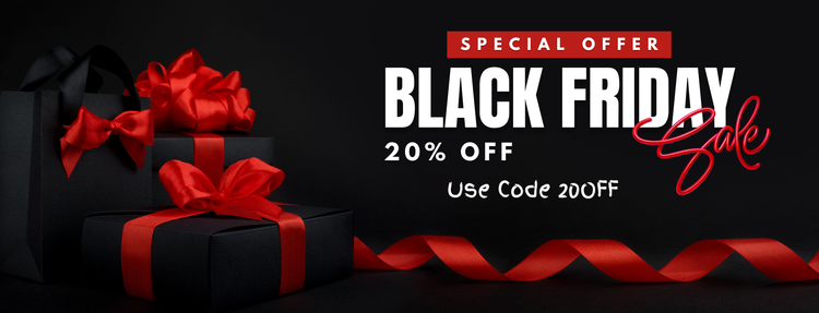 Black Friday sale banner with black gift boxes and red ribbons on a dark background.