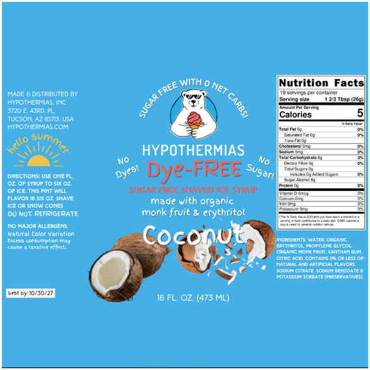 Coconut – Dye-FREE Sugar-Free Ready-to-Use Snow Cone & Shaved Ice Syrup – 16 Fl oz