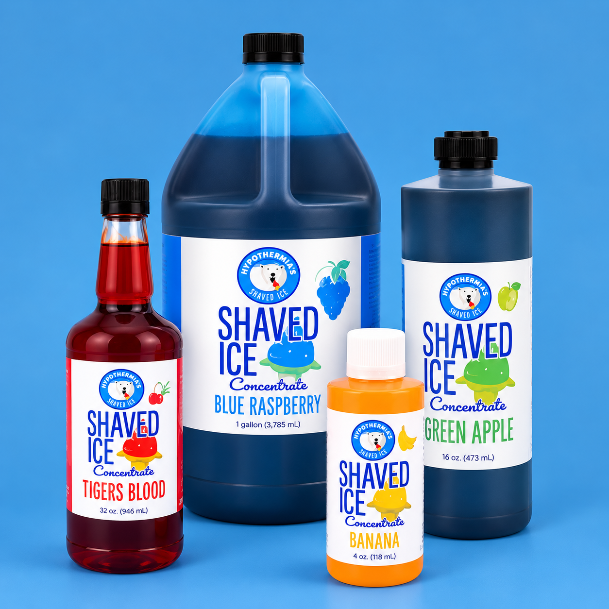 Hypothermias shaved ice flavor concentrates in various sizes.
