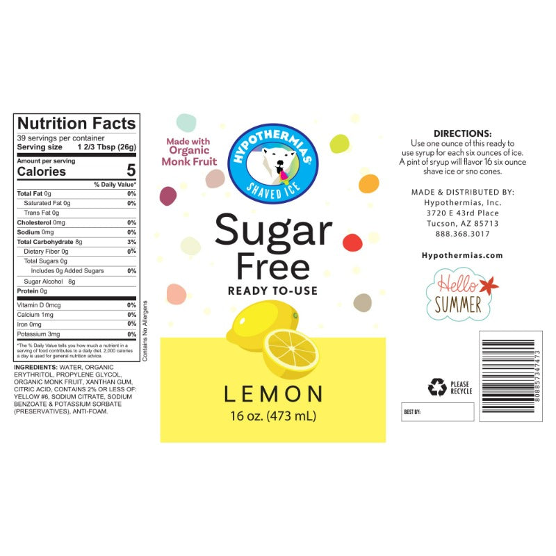 Hypothermias Lemon sugar free snow cone syrup nutritional facts label.