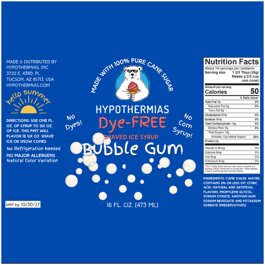 Bubble Gum - Dye-FREE Ready-to-Use Snow Cone & Shaved Ice Syrup - 100% Pure Cane Sugar