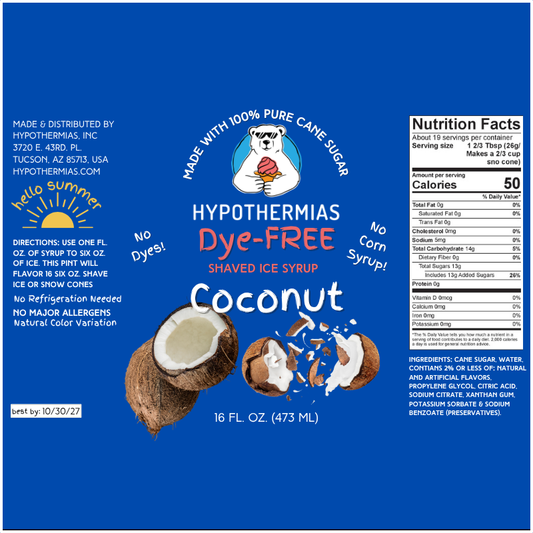 Coconut - Dye-FREE Ready-to-Use Snow Cone & Shaved Ice Syrup - 100% Pure Cane Sugar