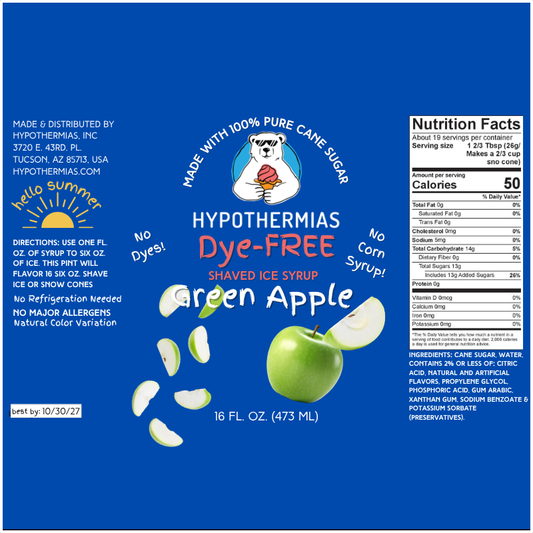 Green Apple - Dye-FREE Ready-to-Use Snow Cone & Shaved Ice Syrup - 100% Pure Cane Sugar