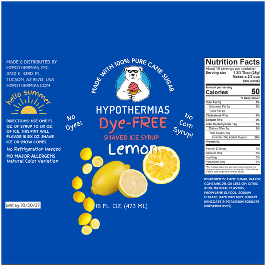 Lemon - Dye-FREE Ready-to-Use Snow Cone & Shaved Ice Syrup - 100% Pure Cane Sugar