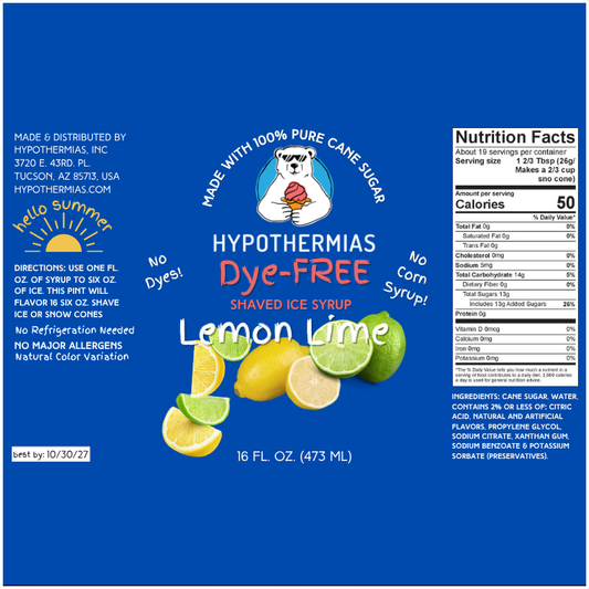 Lemon Lime - Dye-FREE Ready-to-Use Snow Cone & Shaved Ice Syrup - 100% Pure Cane Sugar