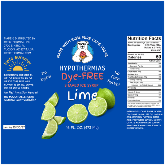 Lime - Dye-FREE Ready-to-Use Snow Cone & Shaved Ice Syrup - 100% Pure Cane Sugar