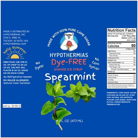 Spearmint - Dye-FREE Ready-to-Use Snow Cone & Shaved Ice Syrup - 100% Pure Cane Sugar
