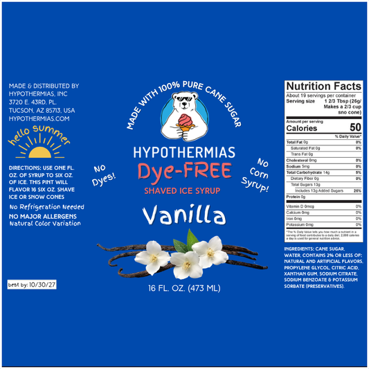 Vanilla - Dye-FREE Ready-to-Use Snow Cone & Shaved Ice Syrup - 100% Pure Cane Sugar