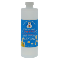 A pint of Hypothermias Sugar-Free & Dye-Free Banana Shaved Ice and Snow Cone Syrup in a BPA-free plastic bottle on a bright white background, featuring an azure blue label with a banana illustration. This clear, sugar-free syrup is made with organic and non-GMO monk fruit and erythritol for a naturally sweet flavor without dyes or added sugars.
