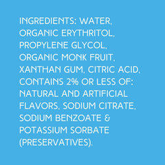 Ingredients for Hypothermias Banana SUGAR FREE | Dye-FREE Shaved Ice Syrup on a vibrant sky blue background. Organic monk fruit, erythritol, natural flavors.