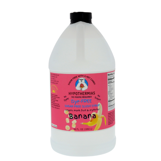 A half-gallon bottle of Hypothermias Sugar-Free & Dye-Free Banana Slush Syrup with a vibrant pink label featuring ripe bananas, displayed on a bright white background. Crafted in small batches in Tucson, Arizona, USA, with organic monk fruit and erythritol for a smooth, sugar-free, keto-friendly slushie experience.