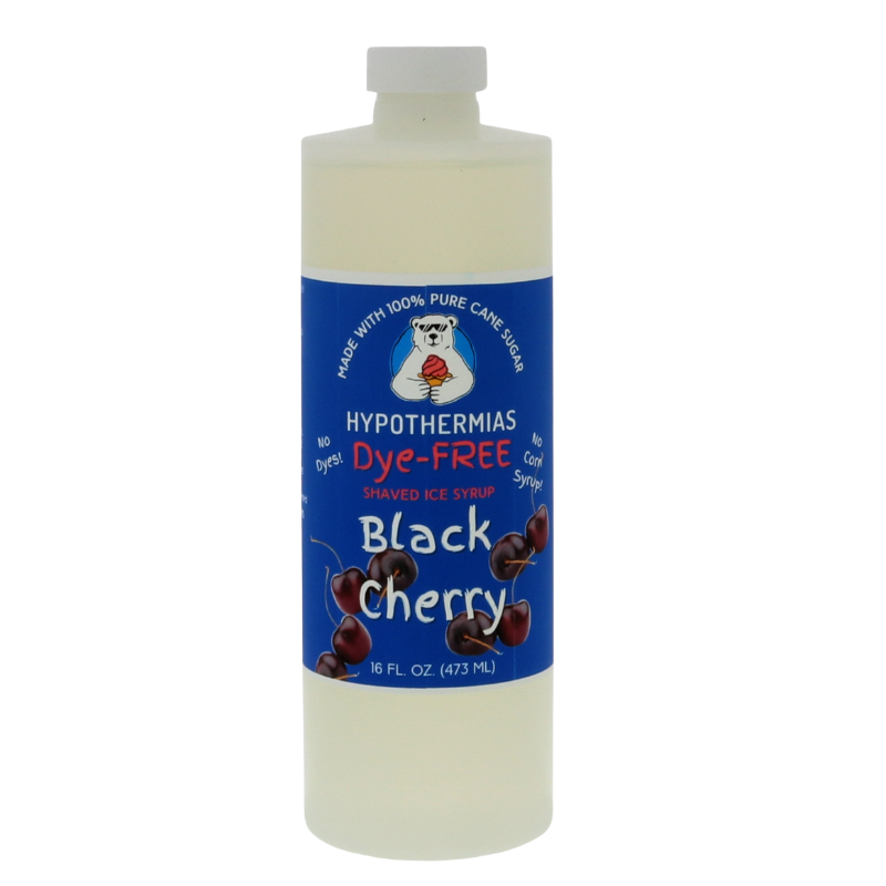 A clear BPA-free plastic pint bottle of Hypothermias Dye-FREE Black Cherry Shaved Ice Syrup made from non-GMO 100% pure cane sugar. Displayed on a bright white background, the dark blue label features a picture of ripe black cherries to represent the flavor.