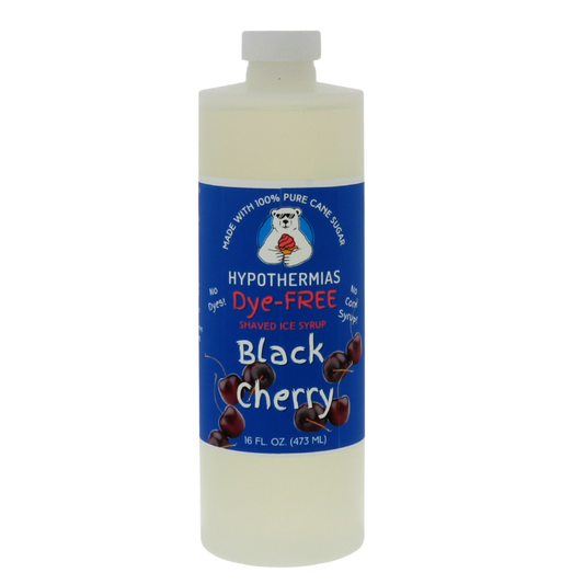 A clear BPA-free plastic pint bottle of Hypothermias Dye-FREE Black Cherry Shaved Ice Syrup made from non-GMO 100% pure cane sugar. Displayed on a bright white background, the dark blue label features a picture of ripe black cherries to represent the flavor.