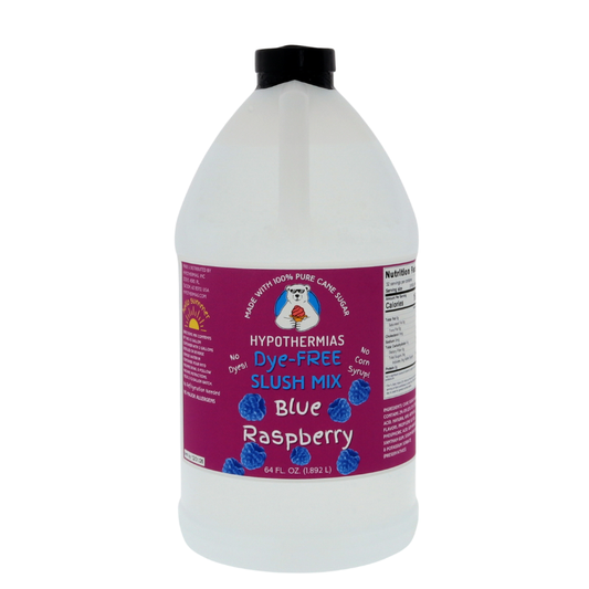 A BPA-free plastic half-gallon bottle of Hypothermias Dye-FREE Blue Raspberry Slush Syrup with a vibrant purple label featuring fresh raspberries, photographed on a white background. This clear, artisan frozen drink syrup is made in Tucson, Arizona, with non-GMO 100% pure cane sugar. Free from dyes and high fructose corn syrup, it provides tangy blue raspberry flavor for frozen drink machines and slushie dispensers.
