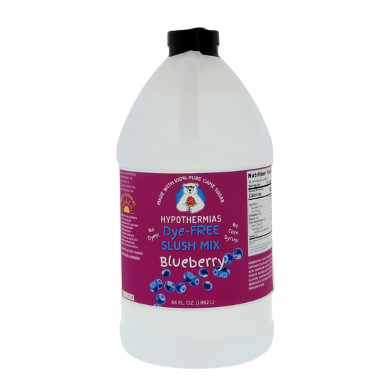 A BPA-free plastic half-gallon bottle of Hypothermias Dye-FREE Blueberry Slush Syrup with a vibrant purple label displaying plump blueberries, photographed on a bright white background. This clear, small-batch gourmet syrup is made with non-GMO 100% pure cane sugar and contains no dyes or high fructose corn syrup. Delivers rich blueberry flavor for slushie machines and frozen beverage makers.