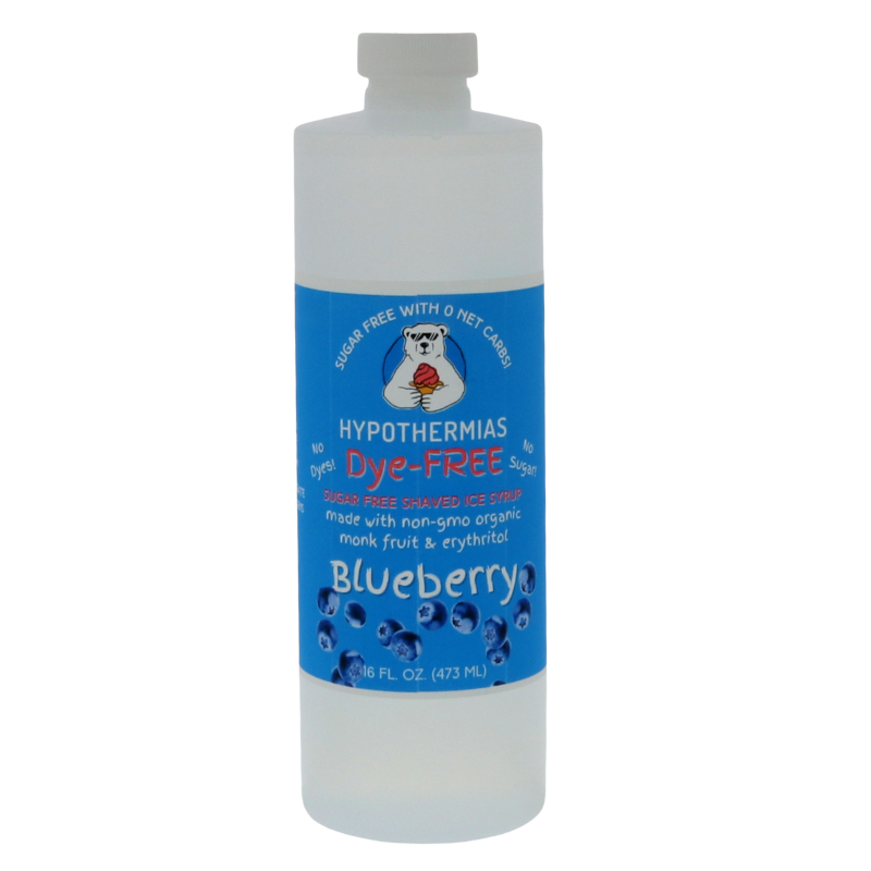 A pint of Hypothermias Sugar-Free & Dye-Free Blueberry Shaved Ice and Snow Cone Syrup in a BPA-free plastic bottle on a bright white background, featuring an azure blue label with blueberries representing the flavor. This clear, sugar-free shaved ice syrup is made with organic and non-GMO monk fruit and erythritol for a smooth, naturally sweet flavor without dyes or added sugars.