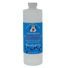 A pint of Hypothermias Sugar-Free & Dye-Free Blueberry Shaved Ice and Snow Cone Syrup in a BPA-free plastic bottle on a bright white background, featuring an azure blue label with blueberries representing the flavor. This clear, sugar-free shaved ice syrup is made with organic and non-GMO monk fruit and erythritol for a smooth, naturally sweet flavor without dyes or added sugars.