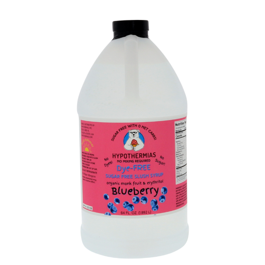 A half-gallon bottle of Hypothermias Sugar-Free & Dye-Free Blueberry Slush Syrup with a vibrant pink label featuring ripe blueberries, displayed on a clean white background. Crafted in Tucson, Arizona, with organic monk fruit and erythritol for a naturally sweet, clear frozen drink syrup.