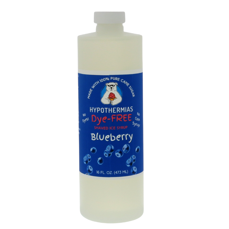 A pint of Hypothermias Dye-FREE Bubble Gum Shaved Ice Syrup in a BPA-free plastic bottle, photographed on a bright white background. The dark blue label features a playful image representing the classic bubble gum flavor. This clear syrup contains no dyes and is crafted from non-GMO 100% pure cane sugar by a family-run small business based in Tucson, Arizona, USA.