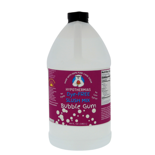 A BPA-free plastic half-gallon bottle of Hypothermias Dye-FREE Bubble Gum Slush Syrup with a vibrant purple label showing white bubble gum balls, photographed on a clean white background. This clear, nostalgic frozen drink syrup is made in Tucson, Arizona, with non-GMO 100% pure cane sugar. Free of dyes and high fructose corn syrup, it captures the fun, classic bubble gum taste for slushies and frozen beverages.